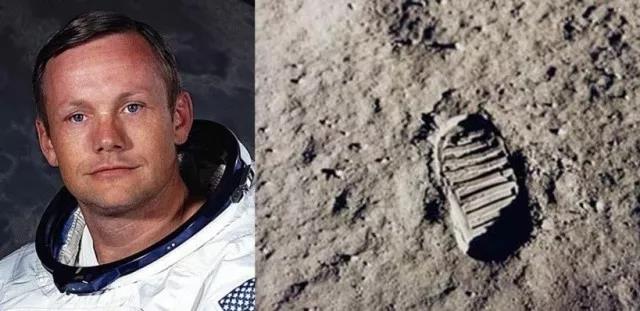 阿姆斯特朗（左）及其留在月球上的第一个脚印（右）